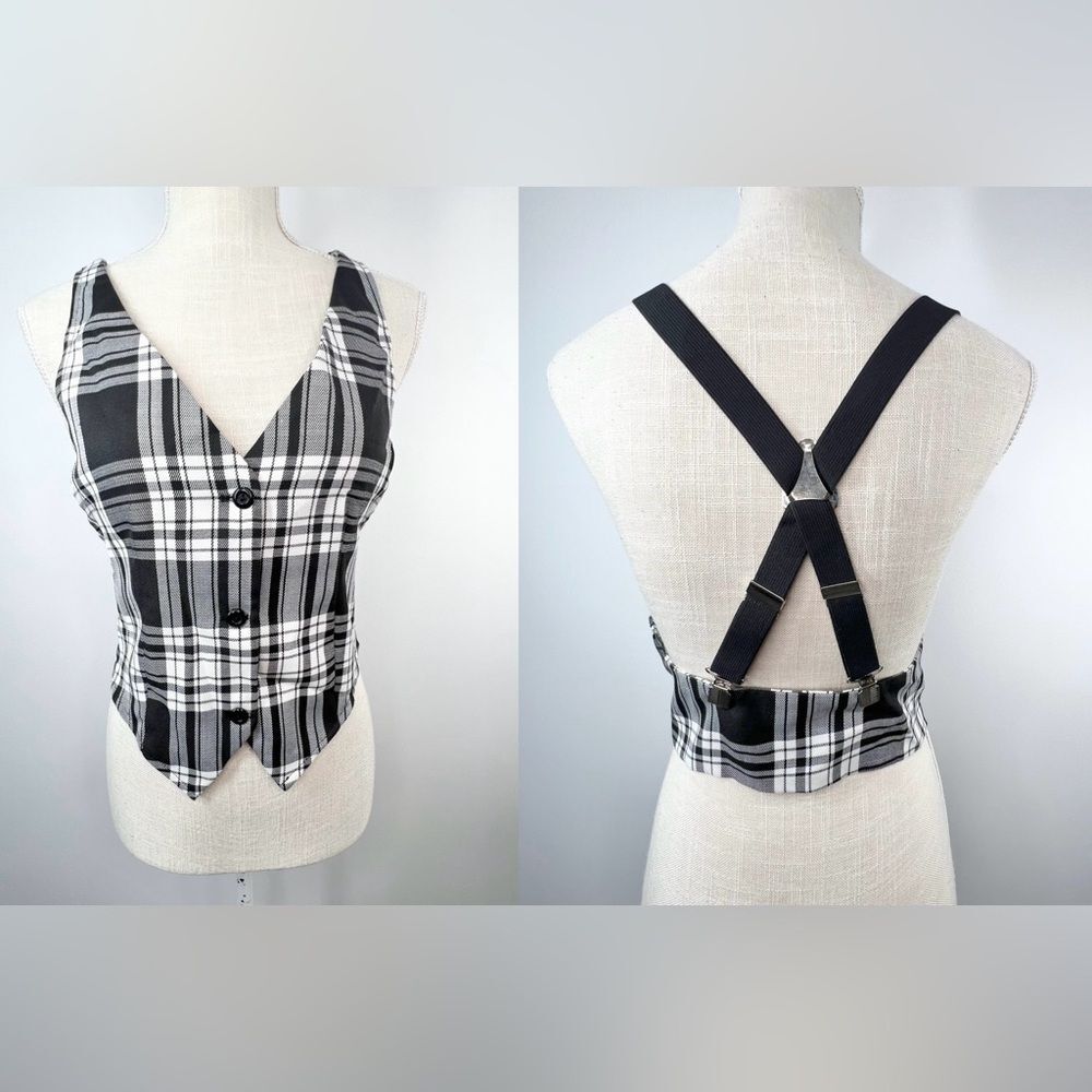 VTG 90s Stefano International Plaid Vest With Suspenders Medium